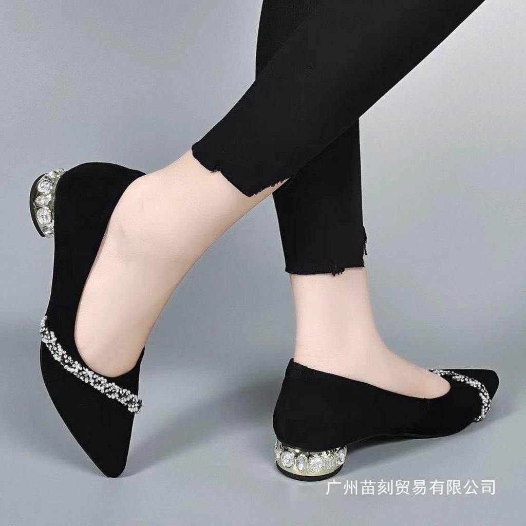 Low-heeled rhinestone pointed work women's shoes elegant thick-heeled light-mouth single shoes women's grinding suede ladyshoes black work shoes