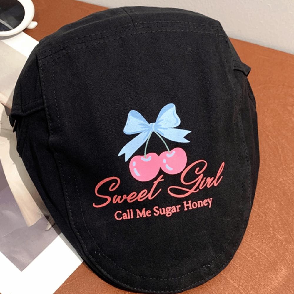 Embroidey Graffiti Forward Hat Cherry Artist Hat Adjustable Y2k Beret  Teenagers
