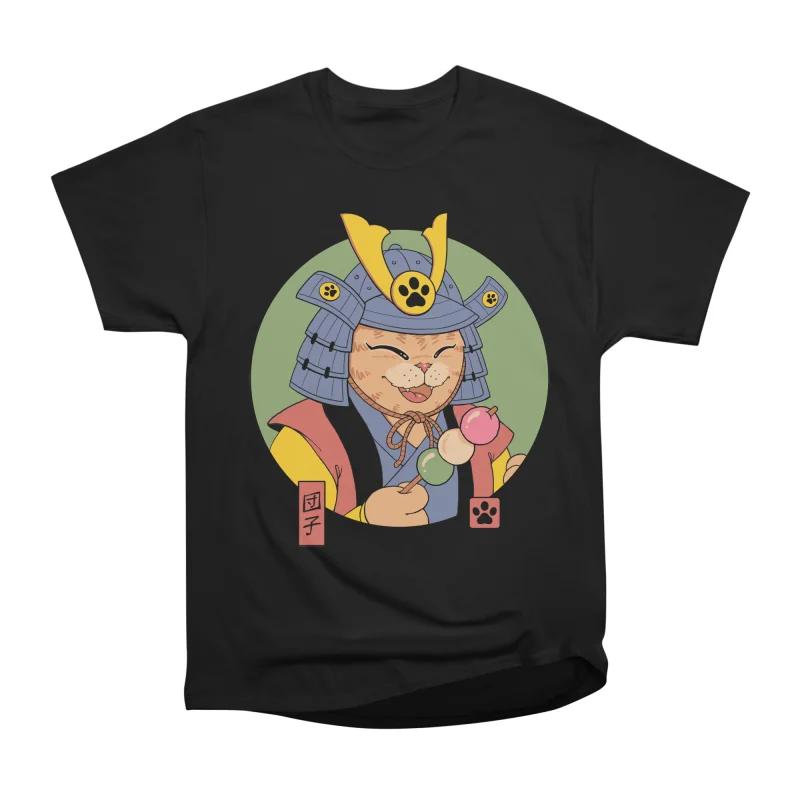 

Men Casual Shirts Short Sleeves SAMURAI DANGO CAT Black Tees Oversized T-shirts S чёрный