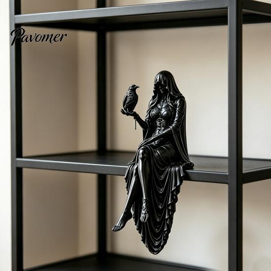 Durable Decorative Statue 3D Printed/Resin Hooded Lady Bookshelf Figure, Gothic Sitting Sculpture, Retro Style Ornament Mystery Cloak Goddess for Home