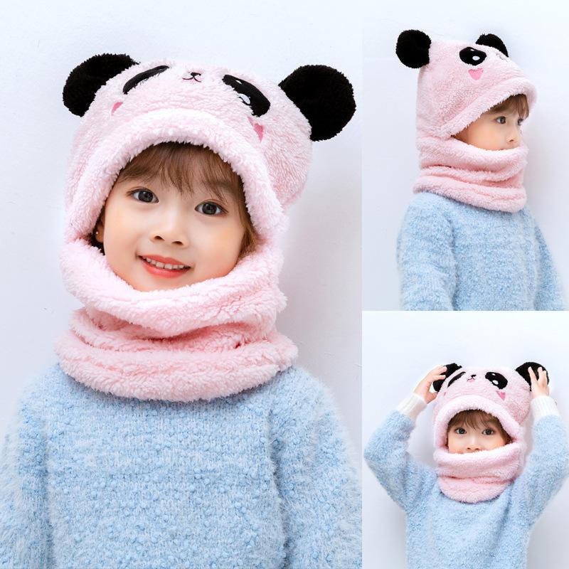 1 Set Autumn Winter Cute Plush Children Scarf Hat 2 In 1 Boys Girls Fleece Warmth Hooded Scarf Set
