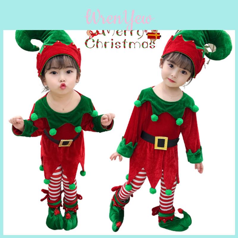 Velvet Boys Girls Christmas Elf Outfit Xmas Party Cosplay Set