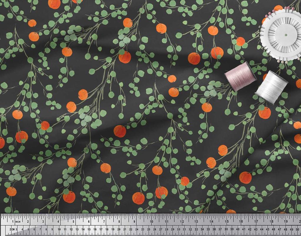 Soimoi Black Japan Crepe Satin Fabric Leaves & Orange Fruits Print Fabric by Metre 42 Inch