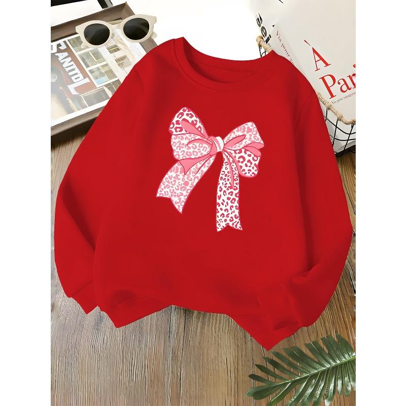 Kids Unisex Pink Crewneck Sweatshirt, Pink Leopard Print Bow Graphic Print Long Sleeve Pullover, Soft Sweatshirt for Boys Girls Over 4 Years Old