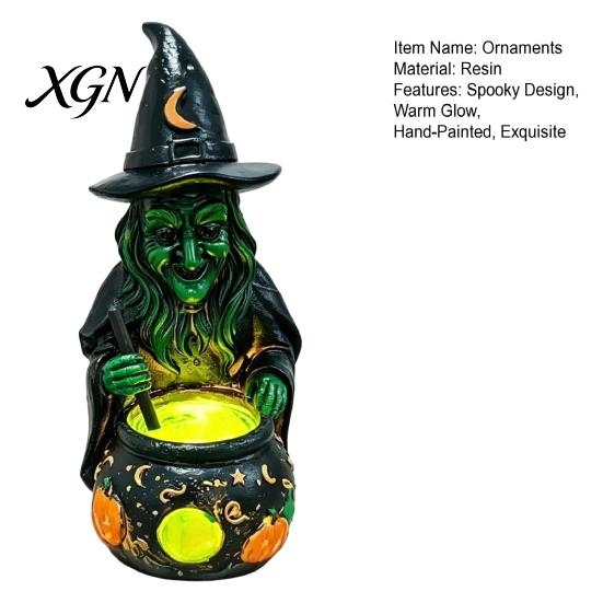 Gothic Home Decor for Halloween Witch Cauldron Lamp Figurine, Resin Scary Witches Lighted-Up Glowing Pot Figurine Cauldron, Festival Supplies