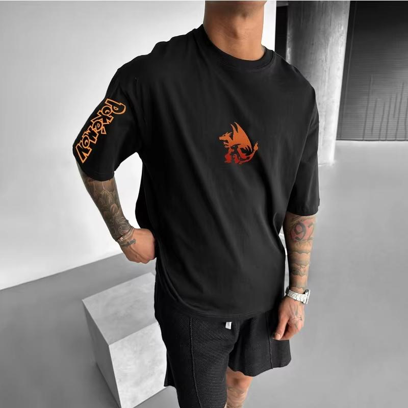 New Summer Men's Cotton T-Shirt Super Loose Charizard Printed Street Trend Casual Loose Fit Parent-child Top