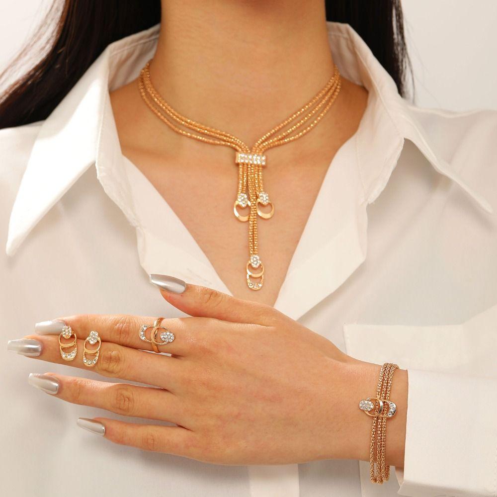5Pcs Earrings Rhinestone Jewelry Suit Geometric Bracelet Chain Set Tassel Necklace Suit  Party