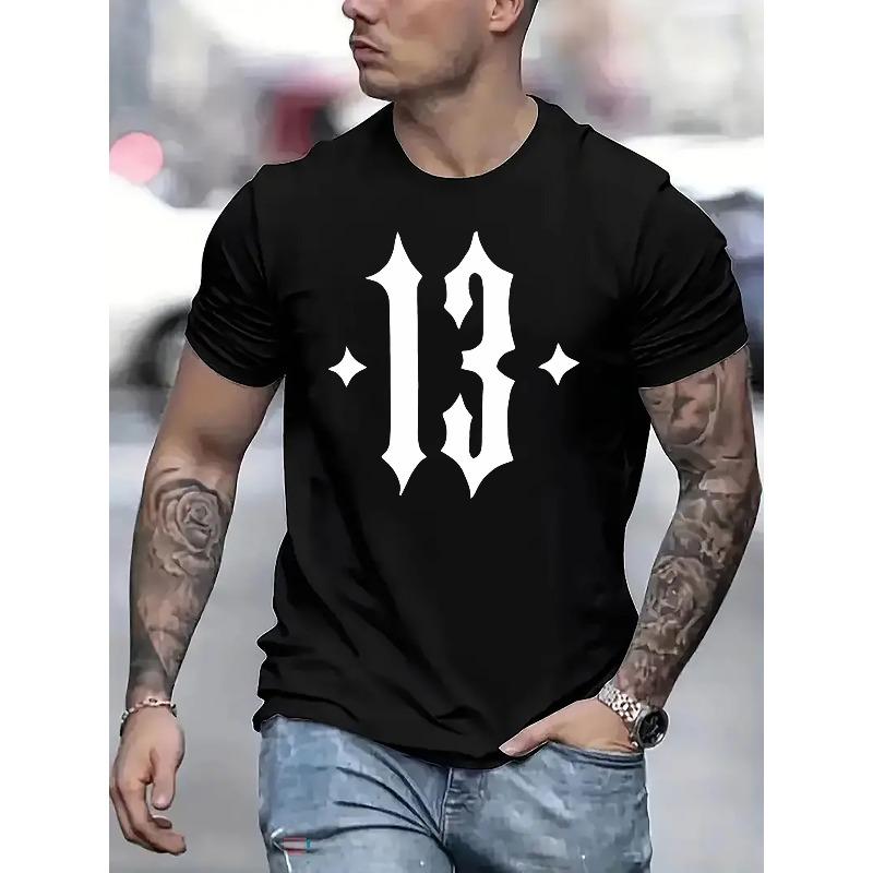 

European sizes 1pc Men S Fashionable Geometric Number 13 Print T-Shirt, Casual Crew Neck Short Sleeve Top 4XL чорний