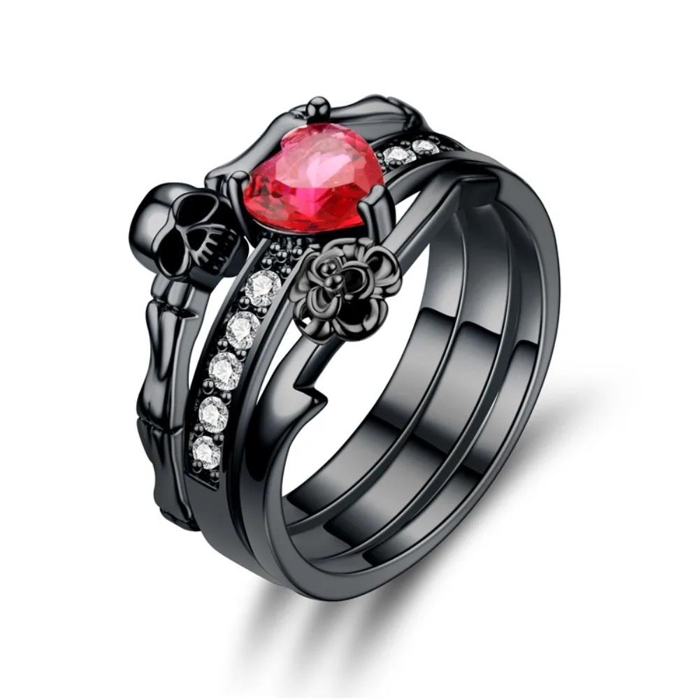 Gothic Embedded Dark Skull Heart-Shaped Promise Men's and Women's Rings Couple Rings Set
