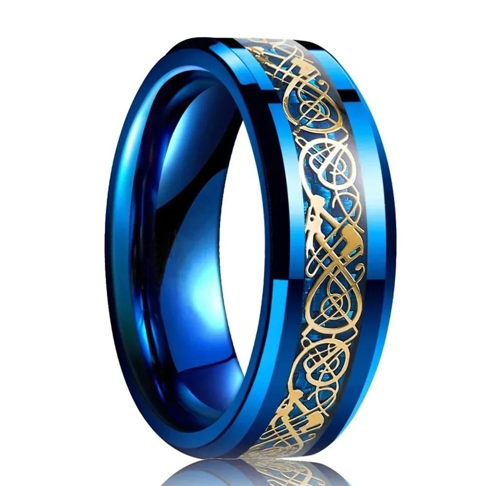 Celtic Black Carbon Fiber Rings,  Gold Color Men Stainless Steel Dragon Rings, Men Wedding Band Jewelry