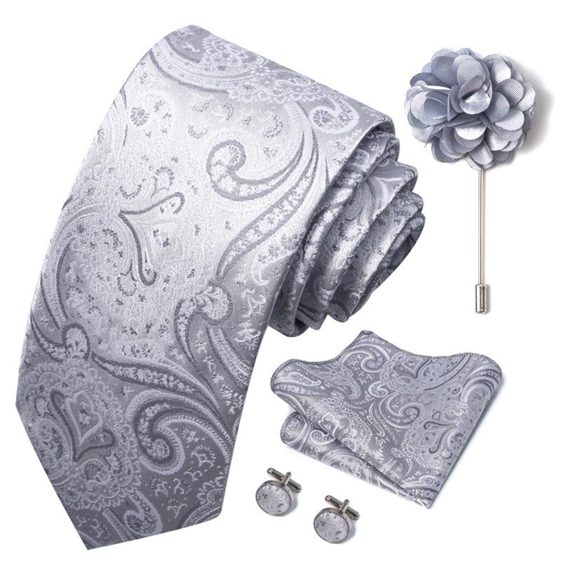 Men 8cm Wide Silk Wed Neck Tie Cufflinks Brooch Pin Handkerchief Business Wedding Party Suits Groom Accessories Gift