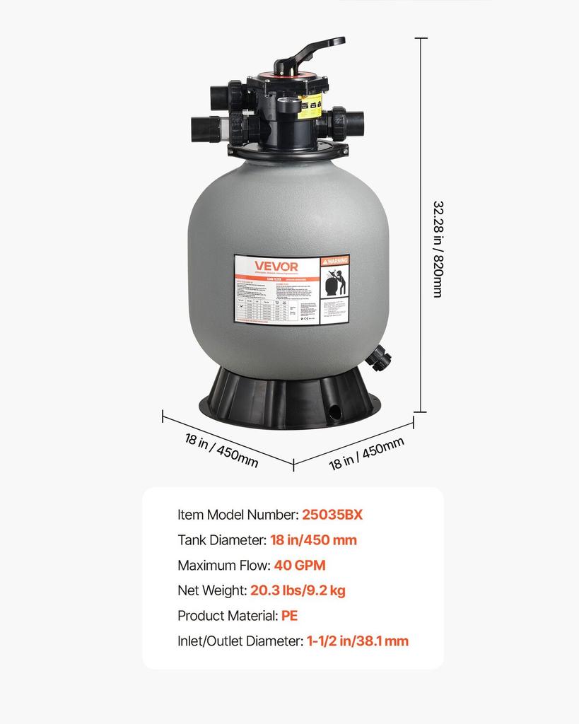 Sand Filter, 457.2 Mm, 151.4 LPM Above Inground Swimming Pool Sand Filter System, with 7-Way Multi-Port Valve, Backwash, Rinse, Recirculate, Waste,