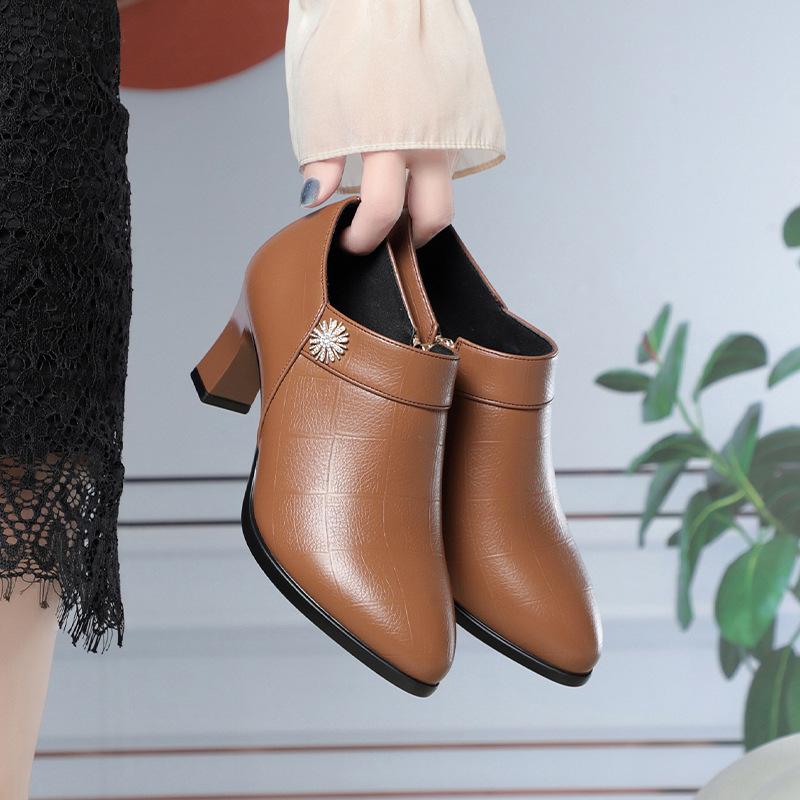 Comfortable Block High Heels Shoes Soft Leather 2024 Spring Autumn Elegant Office Ladies Short Plush Ankle Boots For Mom Model