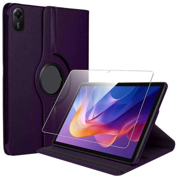 Coque + Verre Trempé pour Xiaomi Redmi Pad 2, Etui Rotatif 360° Multi-Angle Cuir PU Violet