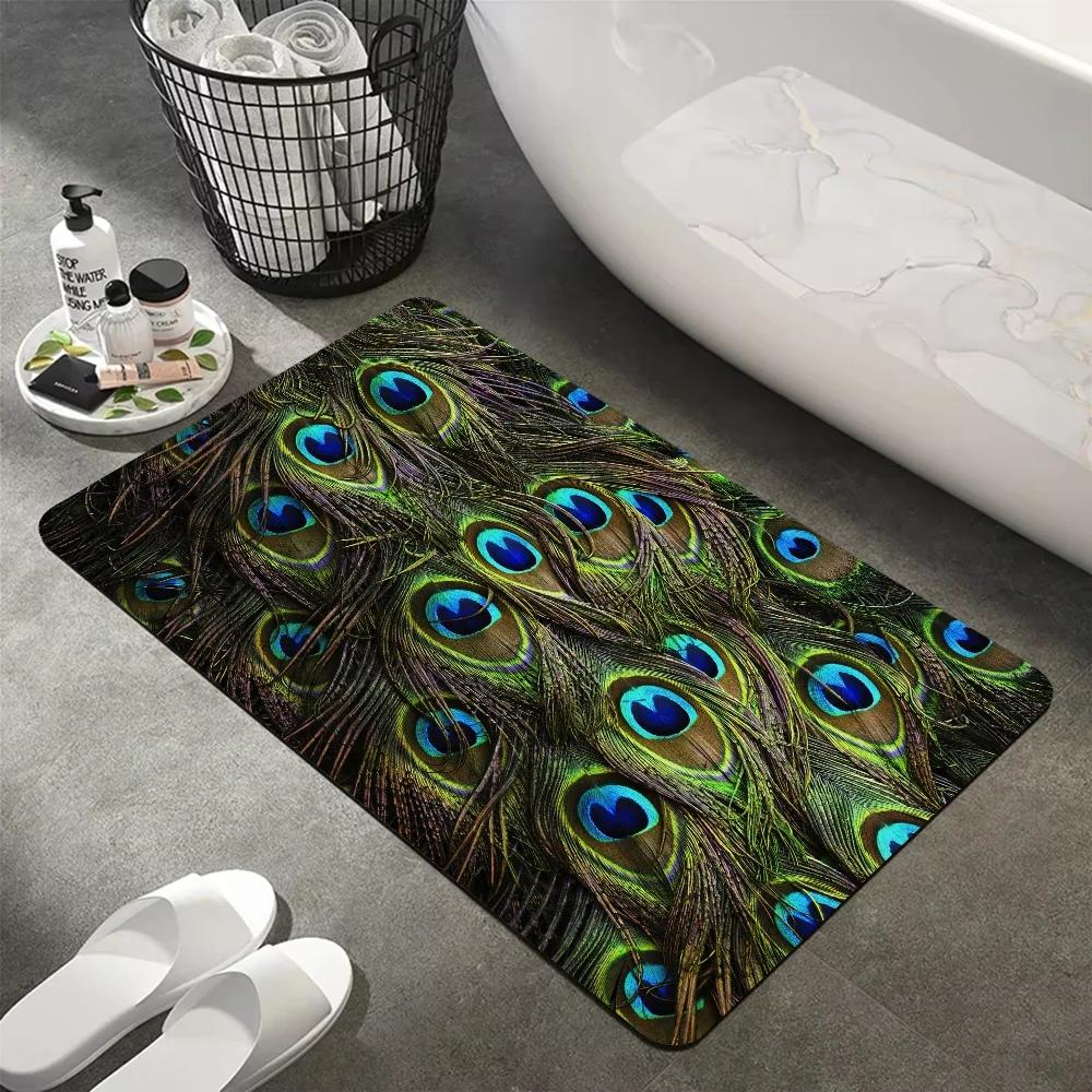 Peacock Feather Printed Floor Mat Vintage Bathtub Side Living Room Bathroom Rug Anti Slip Home Decoration Carpet