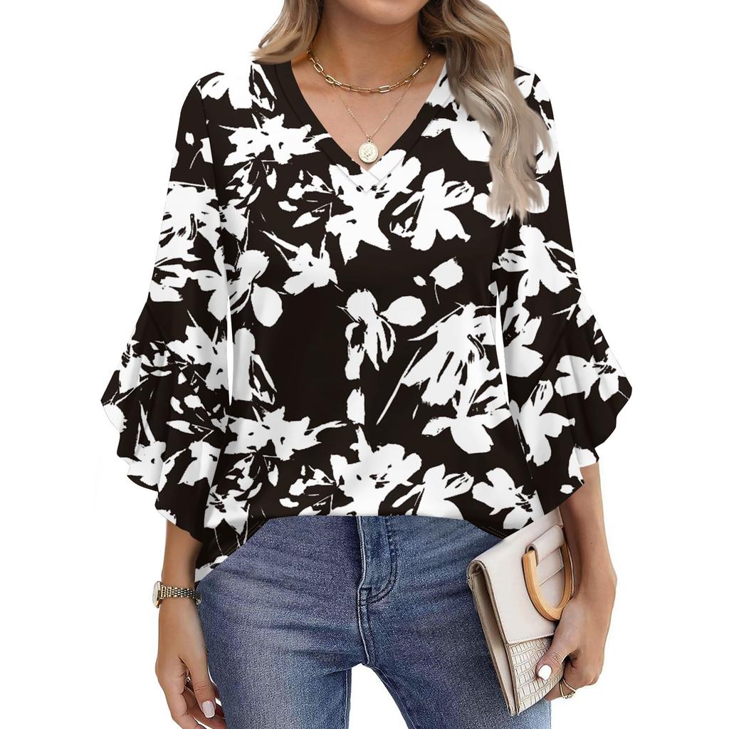 Blouses For Women Dressy Casual 3/4 Length Sleeve Womens Tops V Neck Tshirts Shirts With Flared Sleeve