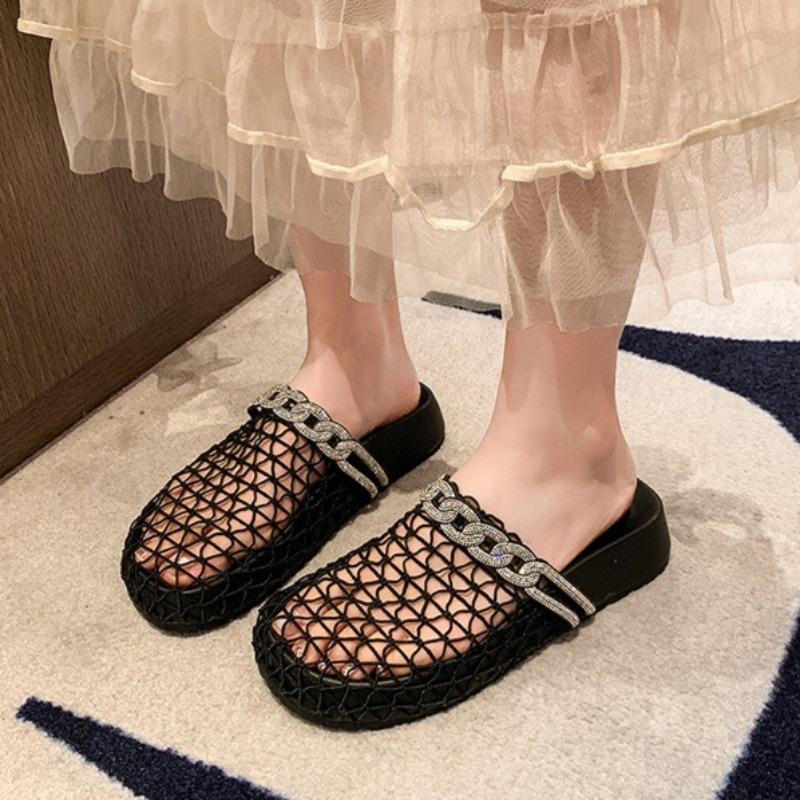 Fashion Summer Women's Slippers Flat Breathable Round Toe Rhinestones Women's Mules Mesh Fashion Outdoor Beach Shoes Zapatillas De Mujer