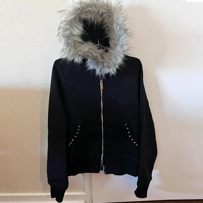 2KWEIRD Harajuku Y2k Millennial Hottie Amerykański Retro Bluza z Kapturem na Zamek z Futerkiem Szytym Bluza z Kapturem na Zamek Damska Jesień/Zima Hip Hop Kurtka na Zamek