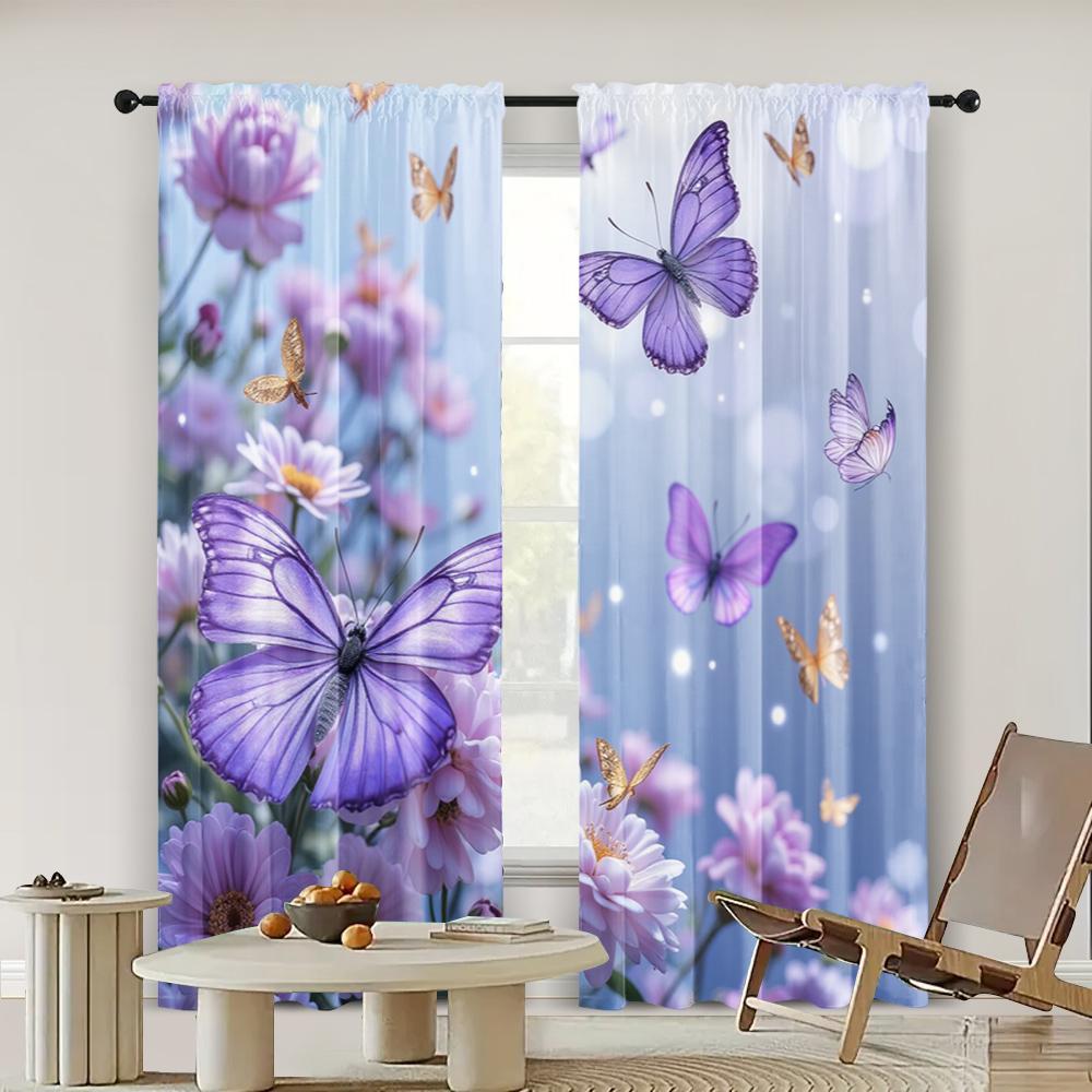 2pc,  Window Curtains butterfly pattern Versatile Polyester,Without Electricity Versatile Use for College dormitory decoration