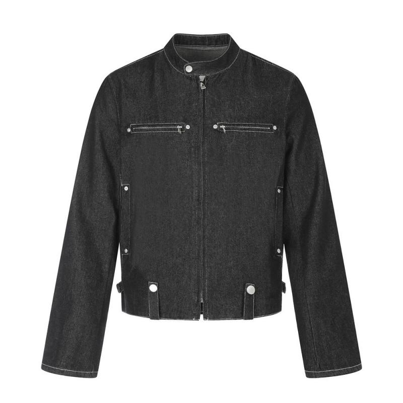 Mens Slim Fit Denim Jacket Stand Collar Long Sleeve Casual Outerwear
