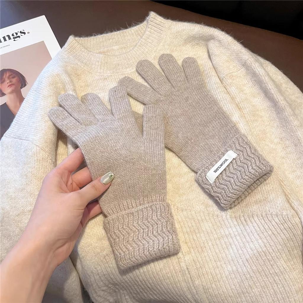 Australian Pure Wool Corrugated Set for Women Thickened Warm Fingerless Touch Screen Knitted Hand Gloves