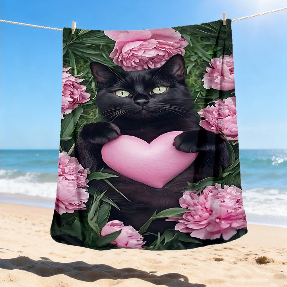 

1pc Black Cat Pink Heart Outdoor Flannel Blanket Soft All Season Polyester Throw , Perfect for Picnics & Travel , Picnic Accessory 80x120cm