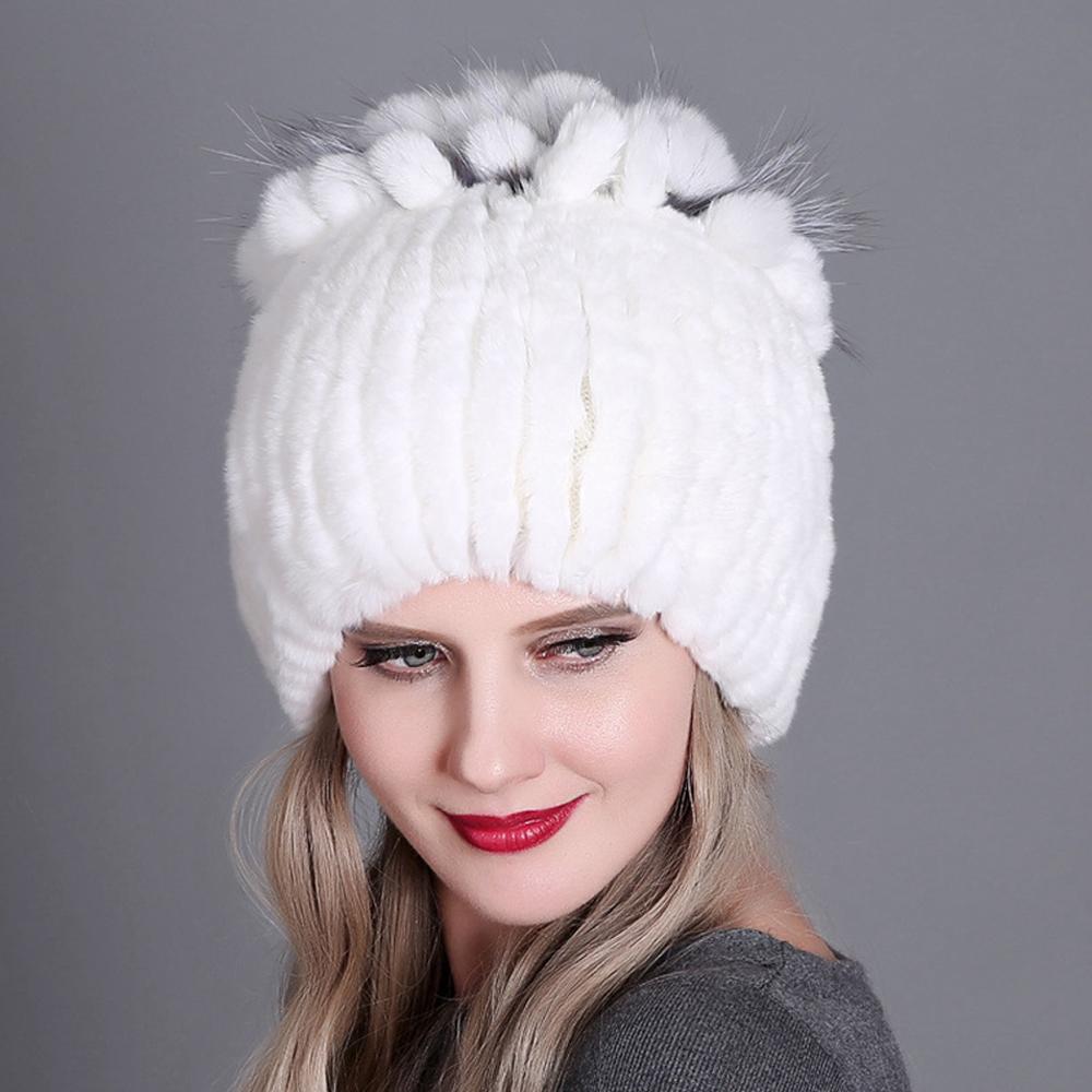 Winter Premium Rabbit Fur Beanie Hats Genuine Rabbit Fur Caps Women Winter Fur Rex Rabbit Knitted Hats Warm Beanie Caps
