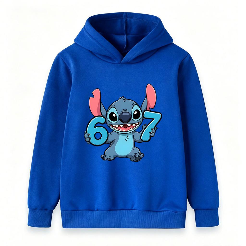 Kids Boys Girls Cute 67 Number Blue Alien Cartoon Print Pullover Hoodie Soft Casual Long Sleeve Hooded Sweatshirt For Daily Wear And School Activities