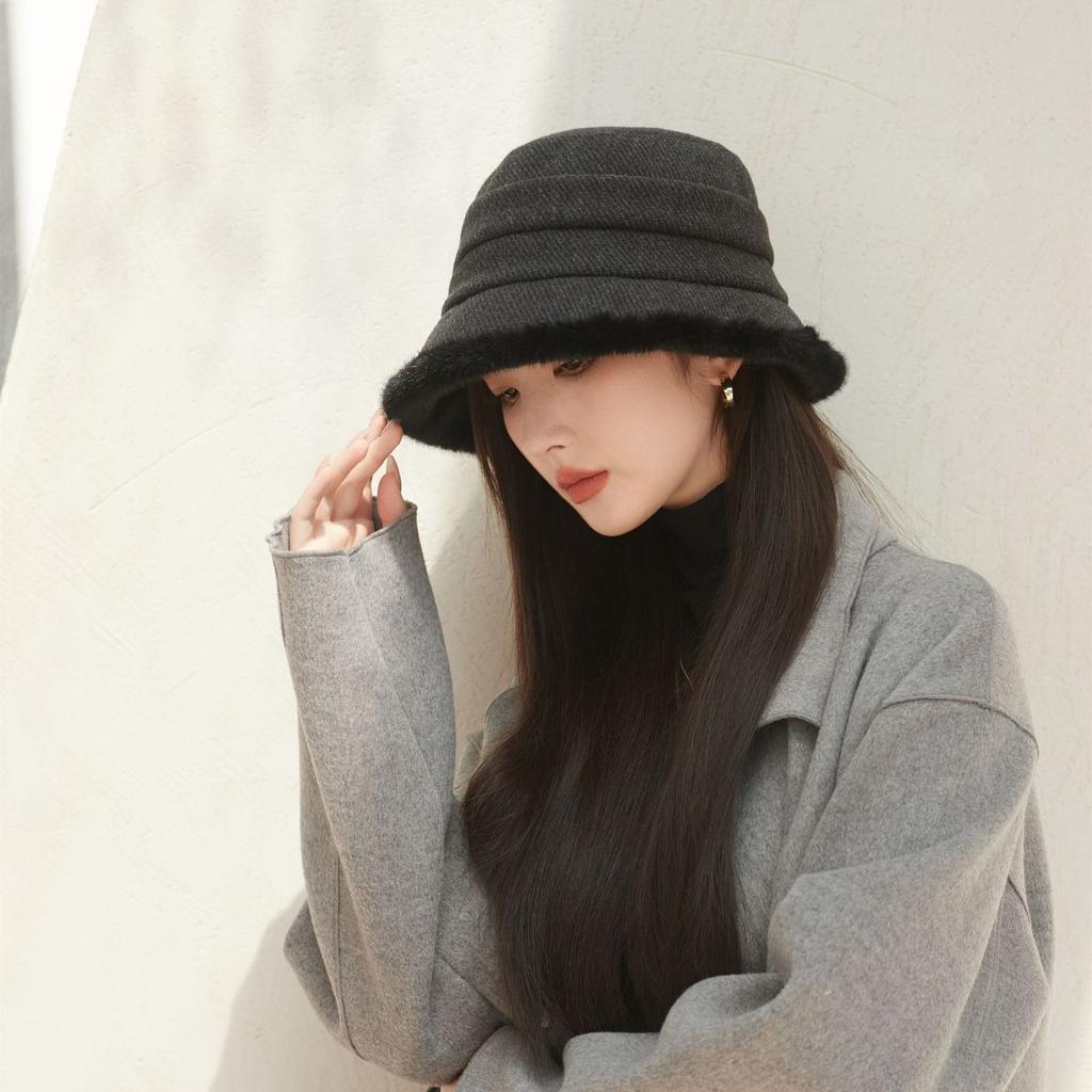 Plush Bucket Hat Women's Autumn and Winter Plush Thickened Thermal Basin Hat Elegant Middle-aged and Elderly Hat