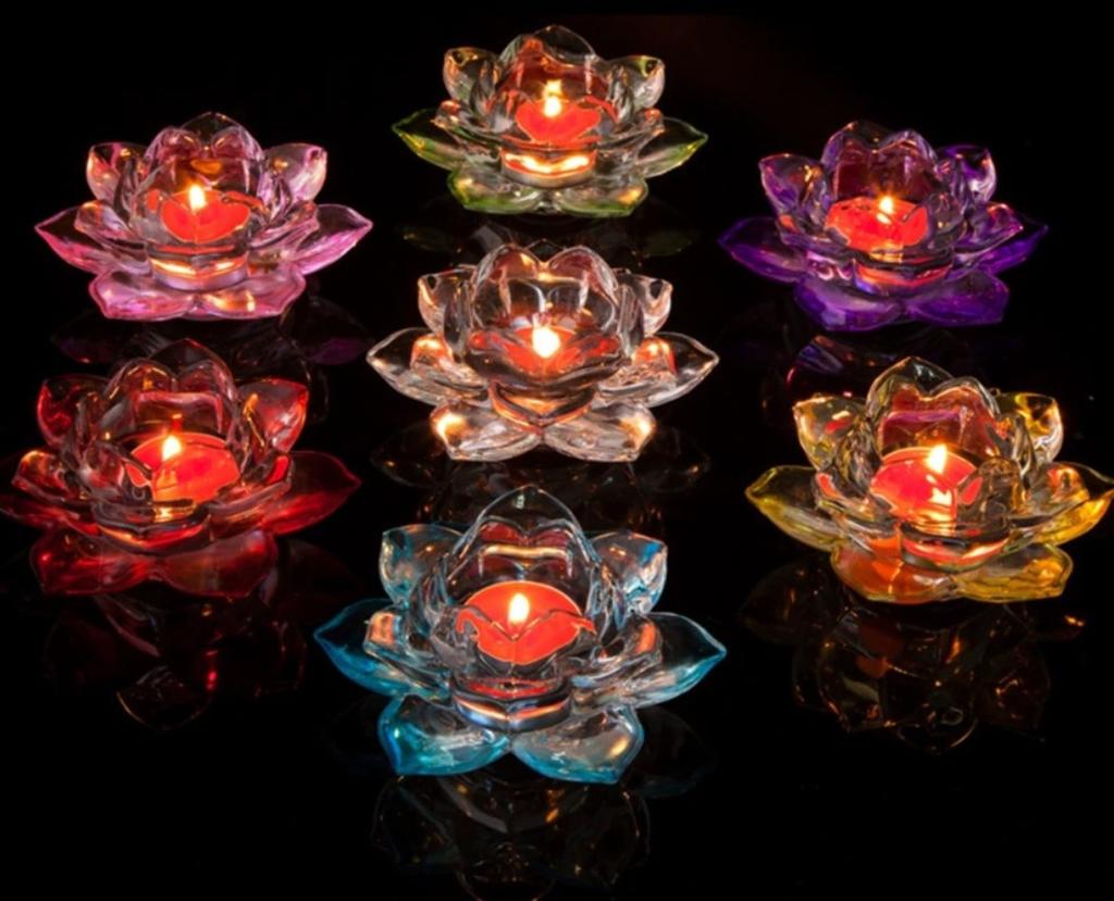 Lotus Flower Candle Crystal Colored Candle Candlestick Stand, Glass, Holder, (Transparent)