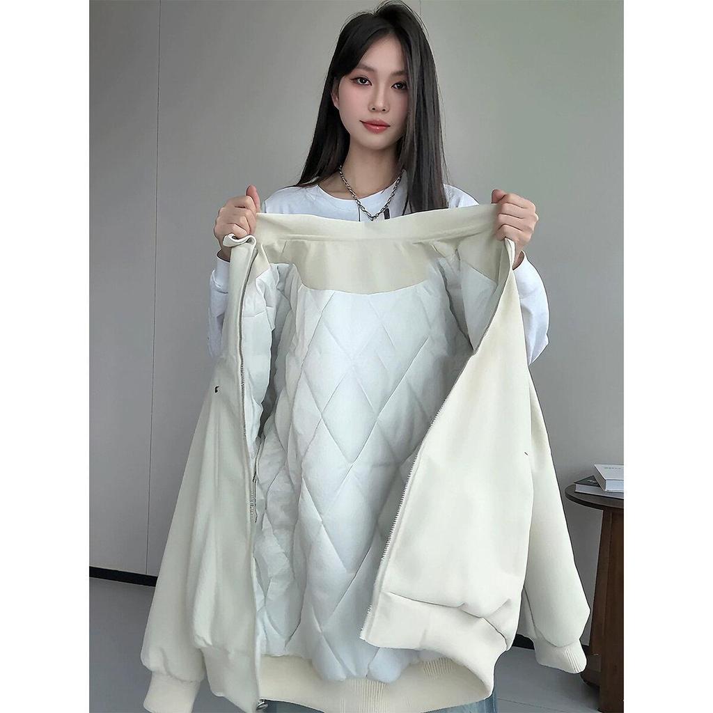 Off-White PU Leather Padded Men's Autumn Winter Motorcycle Jacket, Thickened Cotton Baseball Style for Couples