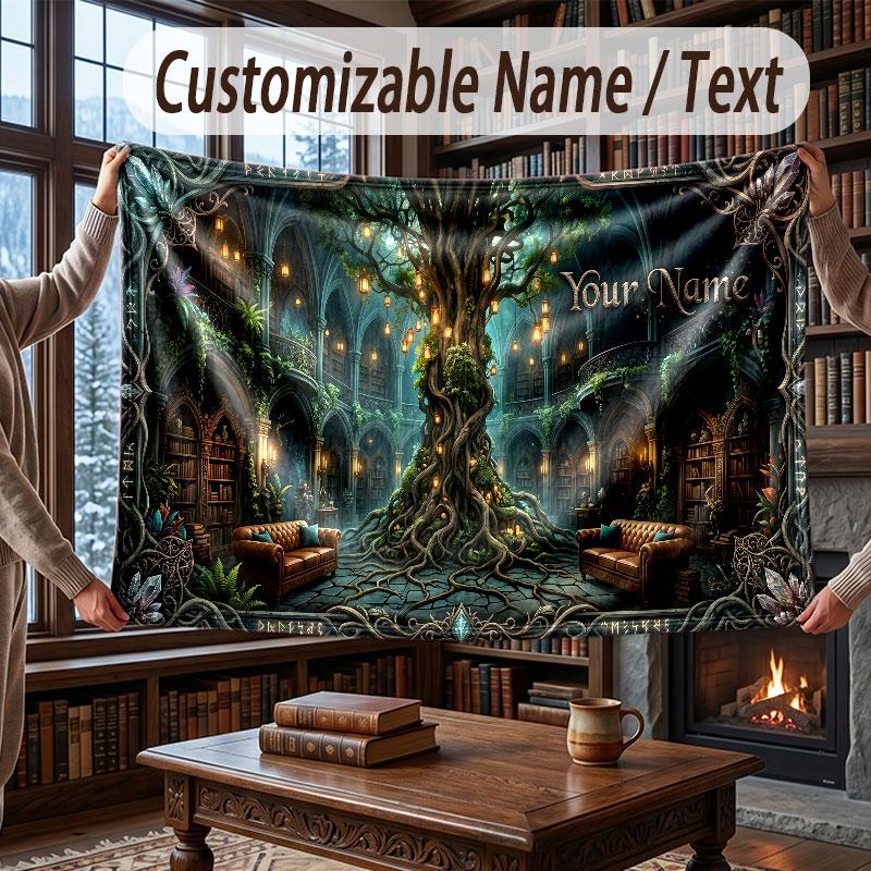 Nature Library Travel Theme Throw Blanket Custom Name Text Personalized Blanket Soft Cozy Blanket for Home Sofa Bed