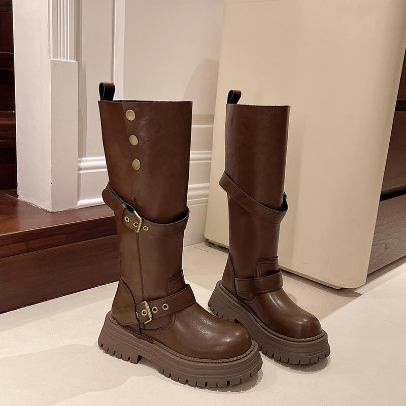 Schwarze Retro-Plateau-Stiefel mit dickem Absatz im britischen Stil, Damen 2025 Herbst und Winter neue Stiefel, hohe und schlanke Reiterstiefel