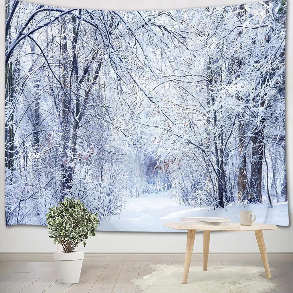 Winter Wandteppich Wald Verschneiter Kiefernbaum Wandteppich Sonnenaufgang Naturlandschaft Wandteppich Wandbehang Dekor für Schlafzimmer Wohnzimmer Studentenwohnheim