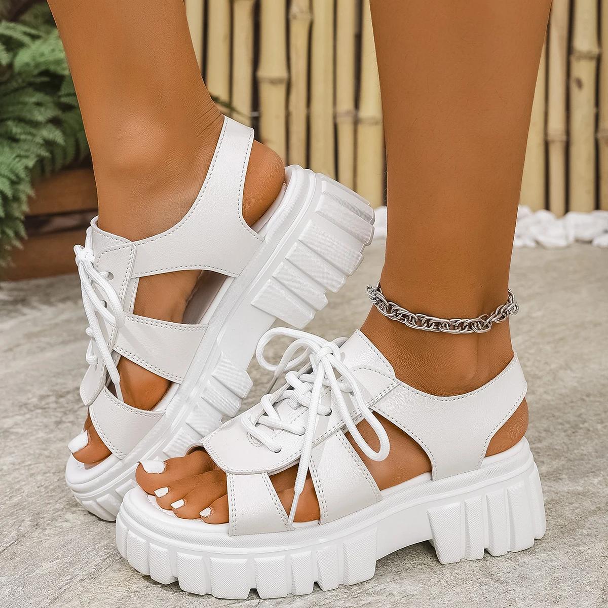 

Модный тренд Сетчатые женские сандалии Летняя обувь для женщин Сандалии на платформе со шнуровкой Открытый носок Пляжные повседневные сандалии на каблуке Sandalias De Mujer 43