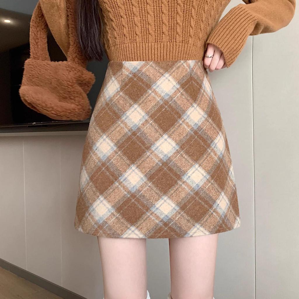 Women's High Waist Red Wool Plaid Skirt, 2025 A-line Slim Fit for Autumn/Winter