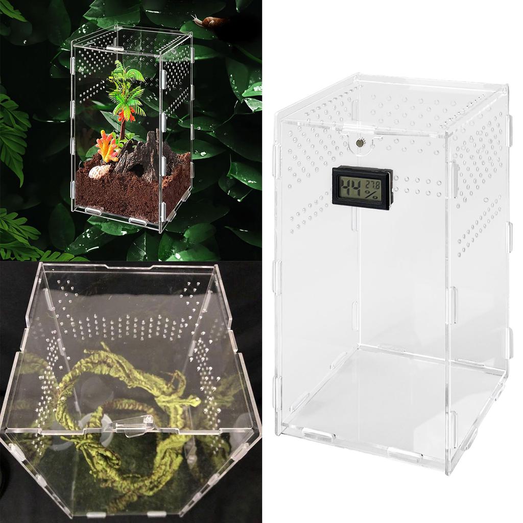 Insect Feeding Box Acrylic Transparent Cases with Temperature Hygrometer for Spiders Reptiles Lizards Centipedes
