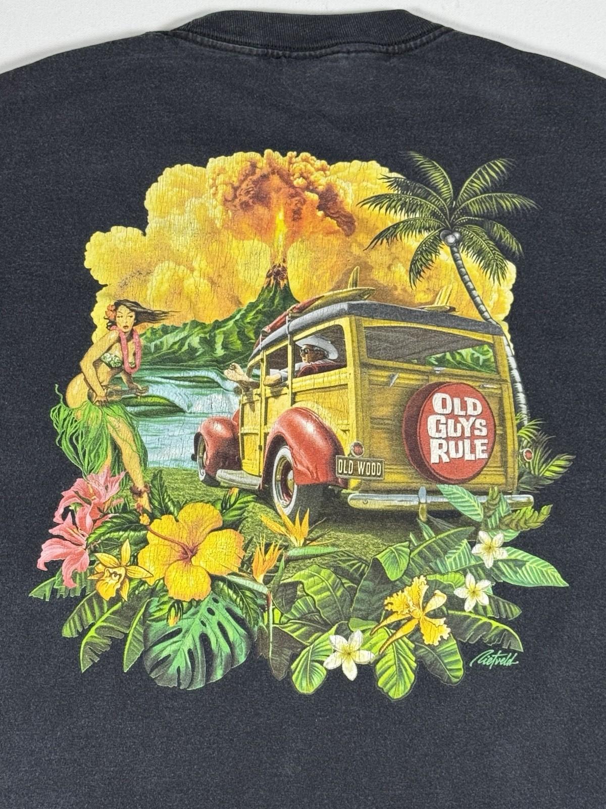 Old Guys Rule Hawaii Woody Wagon Pocket T Shirt Mens XL Black Surf Tropical Unisex T-Shirt XXL