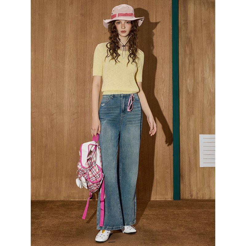 Coolhut2025 Autum Washed Loose High-Waisted Slimming Slightly Flared Narrow-Leg Long Pants Women's Jeans