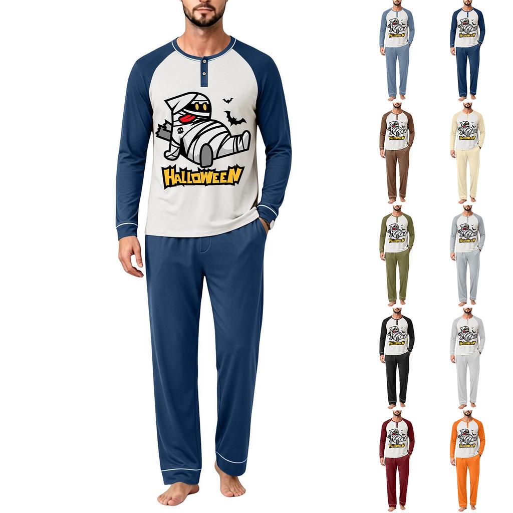 Men's Casual Loose Fit Raglan Sleeve Pajama Set with Halloween Letter Print