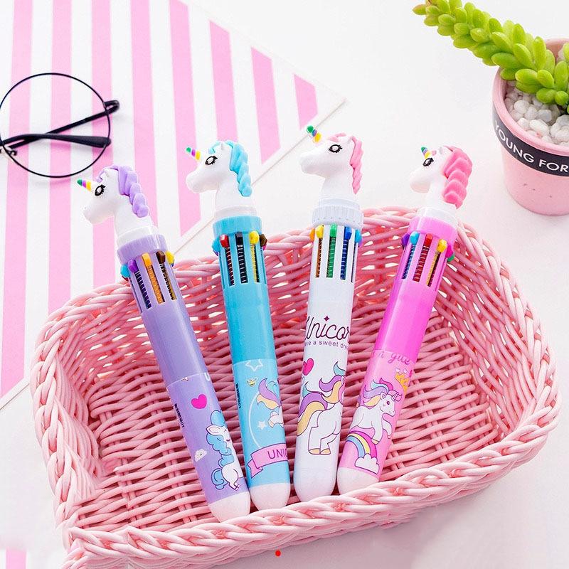 4Pcs Cute Cartoon 10 Color Ballpoint Pen Multi-color Retractable Oil Pen Kawaii Unicorn Swan Dinosaur Office School Supplies