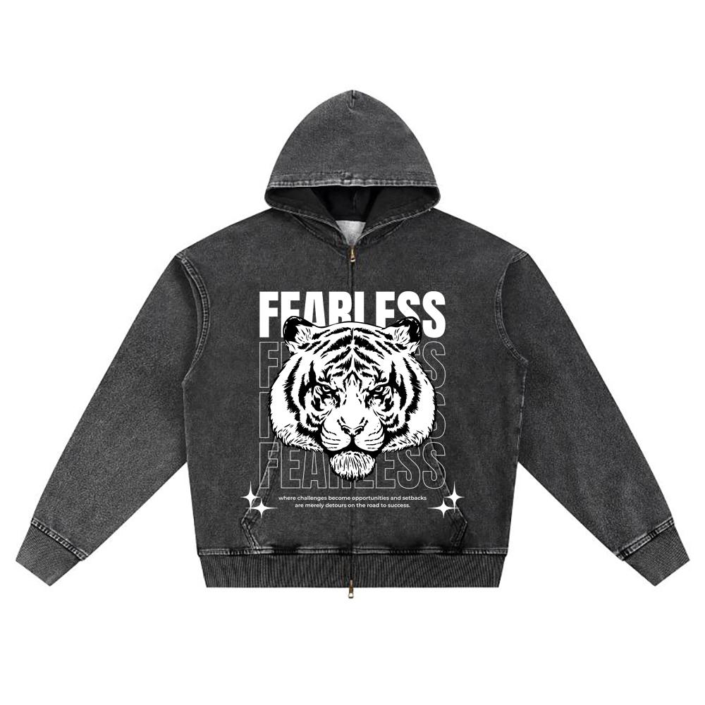 DTG Print Knitted Denim Zip-Up Hoodie Fearless Brother Print Zipper Hoodies  