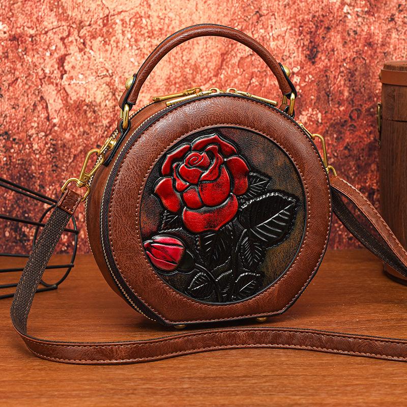 Ethnic Vintage Round Crossbody - Handmade Carved Flower Women's Shoulder Bag Minimalist Texture Commuter Large Capacity Tote Bag