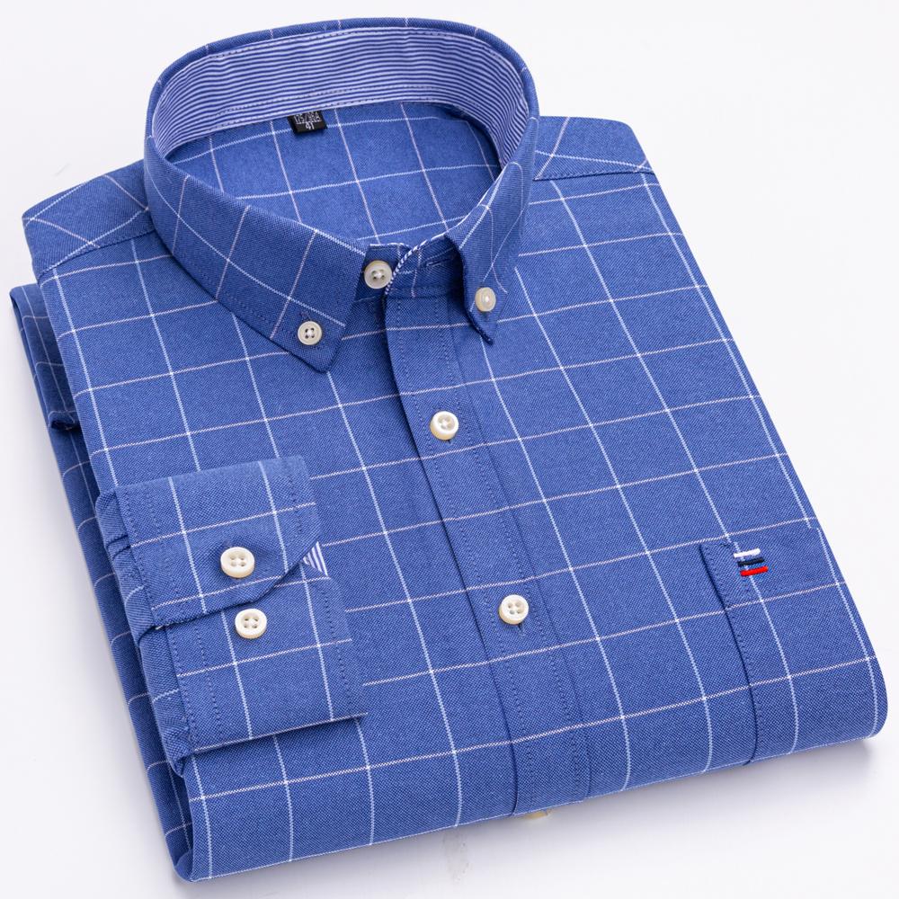 Men's Oxford Long Sleeve Shirt 100% Cotton Wrinkle Resistant & Breathable, Solid Plaid Striped Comfort Casual Button-down Shirts