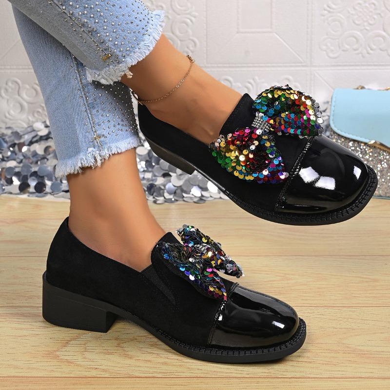 Sequin Bow Single Shoes Autumn New Square Toe Deep Mouth Splice Slip-on Soft Sole Anti-Slip Wear-Resistant Kitten Heels