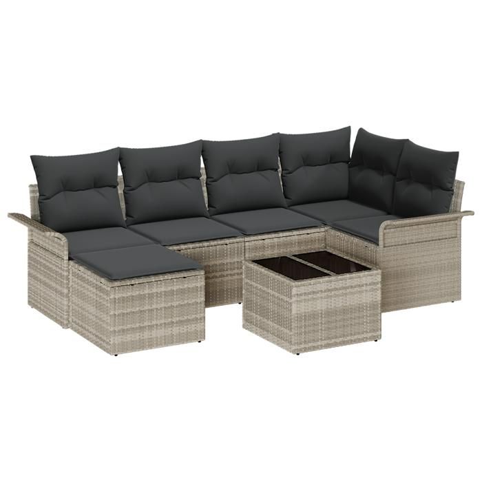 Canapé de jardin 7 pièces avec coussins gris en poly rattan, Canapé de jardin 2 places avec rangement et coussins gris clair 3354111