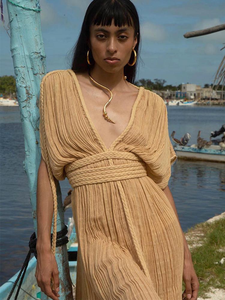 EDOLYNSA Femmes élégantes Célébrité Tempérament Sexy V Profond Tricot Corde Tressée Fête D'été Maxi Robe Tunique Beachwear Maillot De Bain Cover Up A2848
