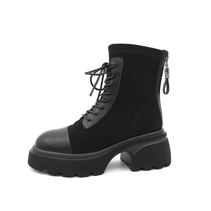 Round Head Fly-woven Martin Boots 2025 Autumn Korean Version of the New Thick-soled Thick-heeled Lace-up Small Short Boots Temperament Women's Thin Bo