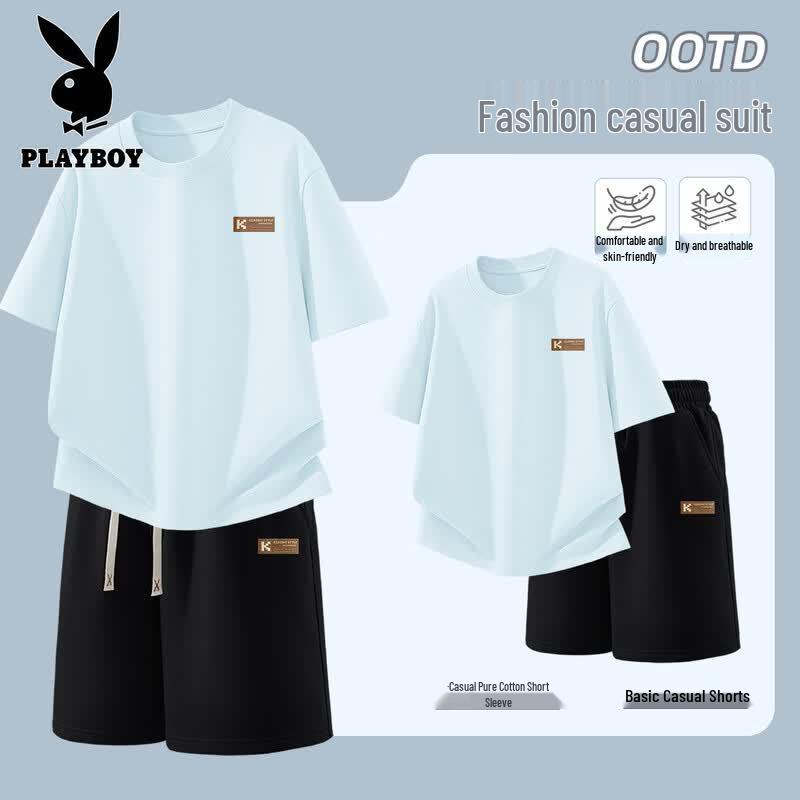 Playboy Men s Casual Cotton Round Neck T-shirt Shorts Set XL