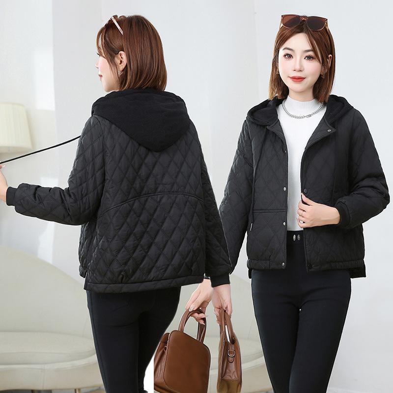 Women's Winter 2025 Rhombus Hooded Cotton-Padded Jacket - Trendy Petite Lightweight Outerwear